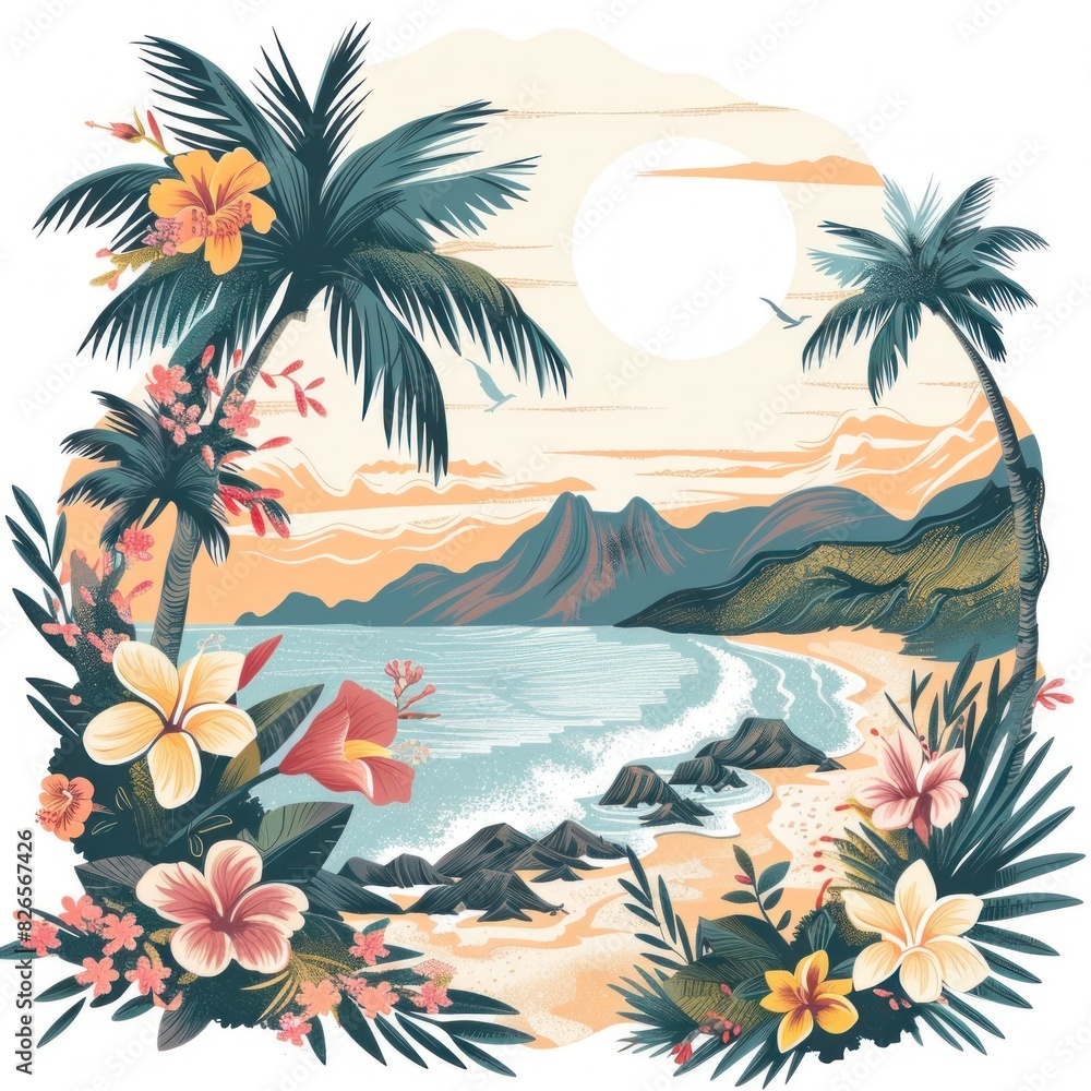 Vector illustration of a serene island landscape against a white background, featuring elements such as flowers, water, beach, and a summer travel banner.