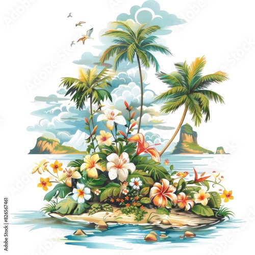 Vector illustration of a serene island landscape against a white background  featuring elements such as flowers  water  beach  and a summer travel banner.