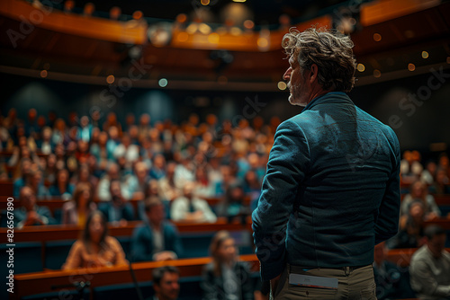 Confident Speaker Engaging a Full Audience in a Modern Conference Hall © KADER