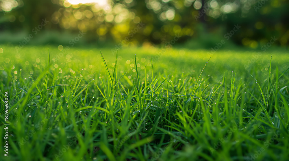 Close-up image showcasing morning dew on vibrant green grass with sunlight filtering through Close-up image showcasing morning dew on vibrant green grass with sunlight filtering through