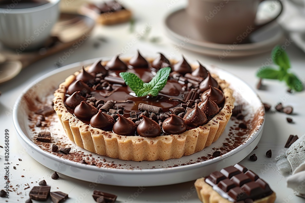 A chocolate cake with green leaves on top is sitting on a white plate A chocolate cake with green leaves on top is sitting on a white plate