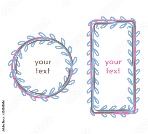 Original Frame, doodle art style border Set. Hand drawn blob brush strokes, leaves graphic elements. Outline circle wreath, square geometric shapes. Empty corner for text space. Vector illustration