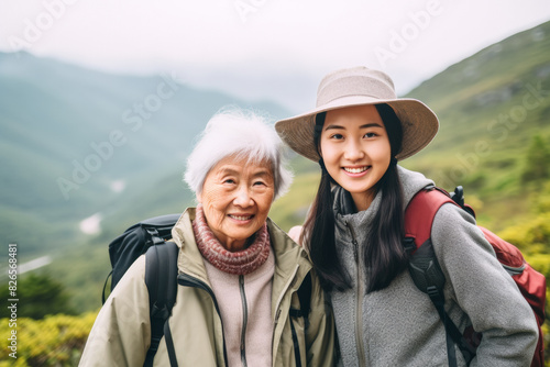 Mother and Daughter Hiking in Scenic Mountains