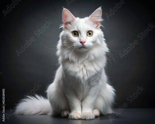 Turkish Angora breed cat sitting isolated on dark smoky background looking at camera.