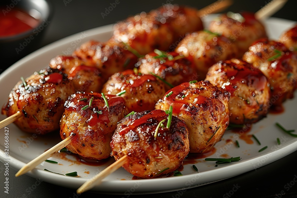 A plate of meatballs with sauce and skewers A plate of meatballs with sauce and skewers
