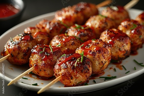 A plate of meatballs with sauce and skewers photo