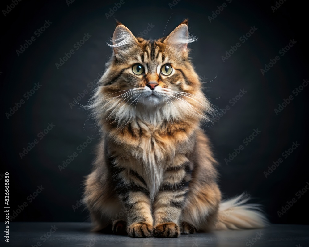 Siberian breed cat sitting isolated on dark smoky background looking at camera. Siberian breed cat sitting isolated on dark smoky background looking at camera.