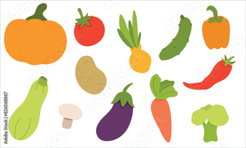 Set of different vegetables. Collection of organic vitamins and healthy nutrition. Tomato, pumpkin, cucumber, mushroom.