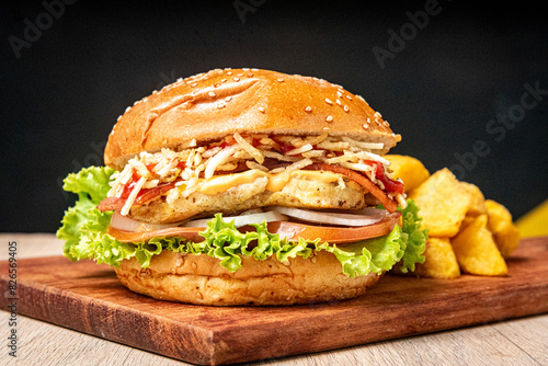 hamburger on a wooden table