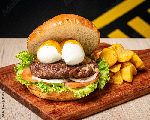 burger with fries and mozarella balls