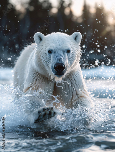 Polar bear emerging from water with raised paws and splashes  detailed close-up of wet fur and intense expression  dynamic wildlife action shot