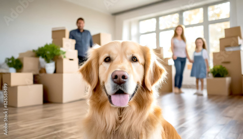 Hund im Vordergrund, im Hintergrund Familie in leere Wohnung mit Umzugskartons photo