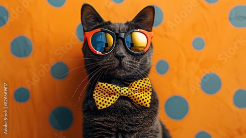 A funny pop art image of a cat wearing oversized sunglasses and a colorful bow tie © BOONJUNG