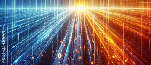 Dynamic Digital Data Streams  Futuristic  Cyber  High-Tech  Information Flow  Blue  Orange  Neon  Light  Technology