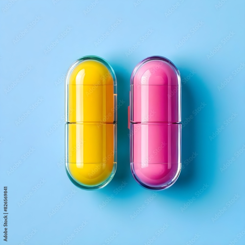 Top-View Flat Lay of 3d Two Colorful Medicine Pill Yellow and Pink Capsules on a Light Blue Background with Copy Space for Text for Promotional or Advertising Purpose, Top-View Flat Lay of 3d Two Colorful Medicine Pill Yellow and Pink Capsules on a Light Blue Background with Copy Space for Text for Promotional or Advertising Purpose,
