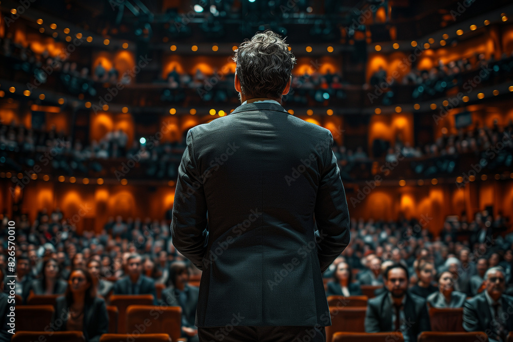 Business Leader Addressing a Packed Auditorium with Engaged Audience During a High-Profile Conference Business Leader Addressing a Packed Auditorium with Engaged Audience During a High-Profile Conference