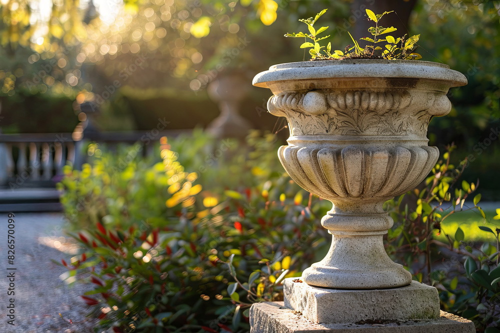 Elegant stone marble pedestal illuminated by dappled sunlight and foliage Elegant stone marble pedestal illuminated by dappled sunlight and foliage