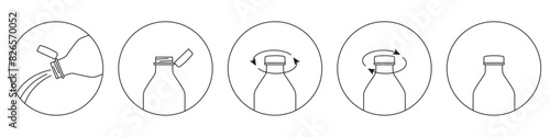 New tethered caps in EU. Bottle cap icon. Editable stroke. Vector illustration. New cap attached to plastic bottle, connected to the neck of the bottle by solid tab attached to safety ring. 