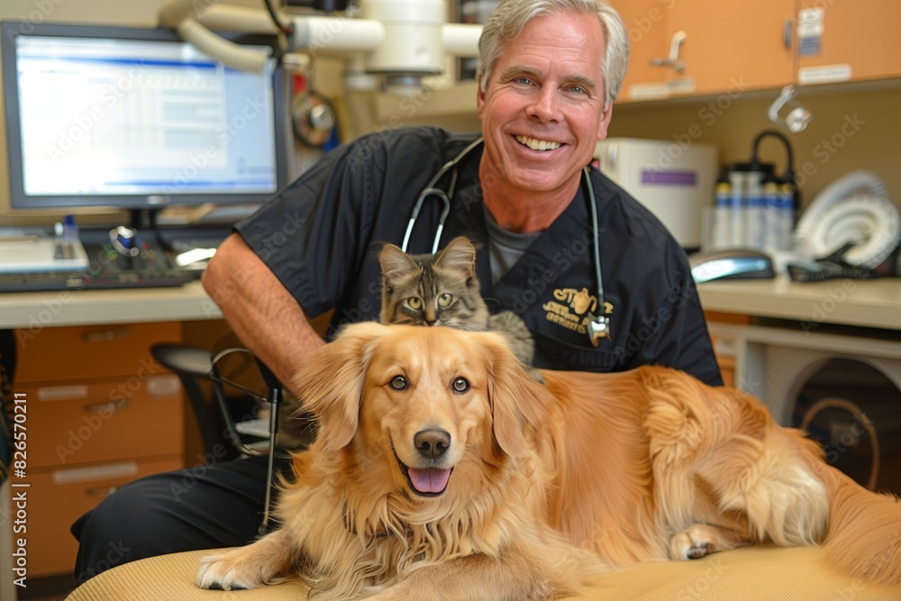 A smiling veterinarian holds a dog and a fluffy cat, showcasing a friendly and professional demeanor. The background is a clean, clinical setting, emphasizing the care and attention given to the pets.