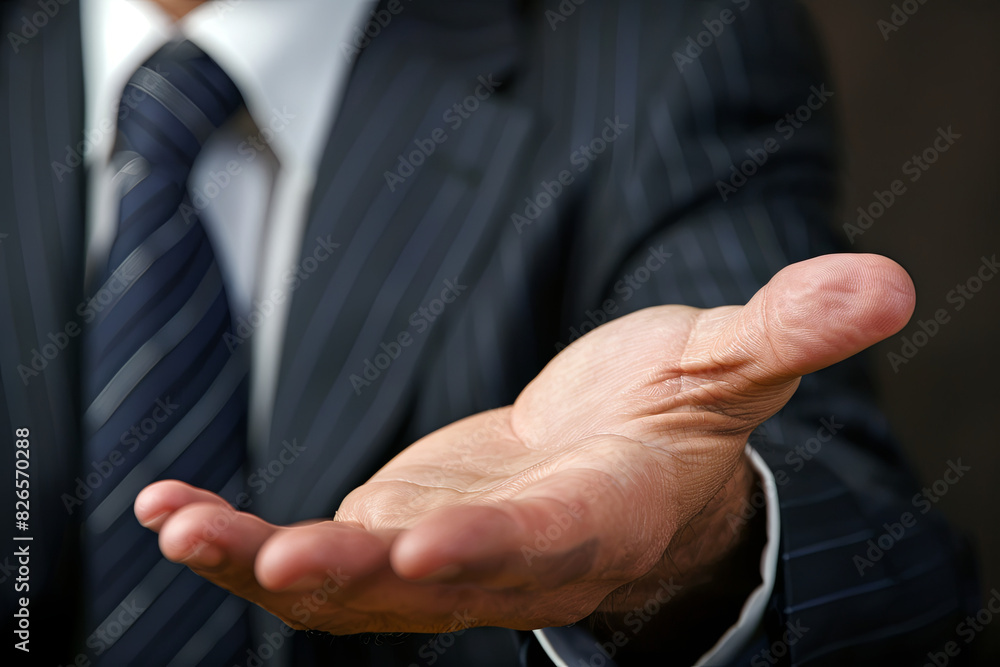 A businessman with an open hand, prepared to finalize a deal