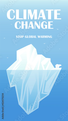 Climate change, polar bear on floating iceberg banner template. Global warming vertical banner. International Polar Bear Day