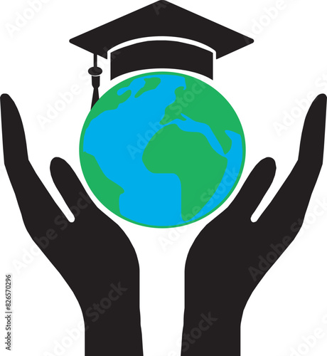 Global education icon, global education logo, higher education vector illustration, global education vector illustration, scholarship icon, scholarship logo, higher study, globe in hand, international