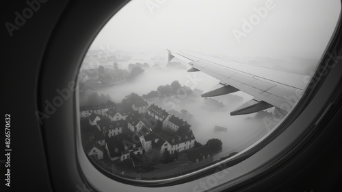Black and white image taken from the window of an airplane, showcasing a foggy town below. 