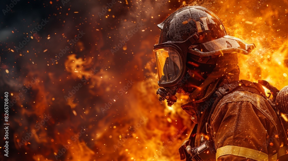Brave firefighter battles intense flames fully equipped with safety gear in a critical emergency situation. Generative AI Brave firefighter battles intense flames fully equipped with safety gear in a critical emergency situation. Generative AI