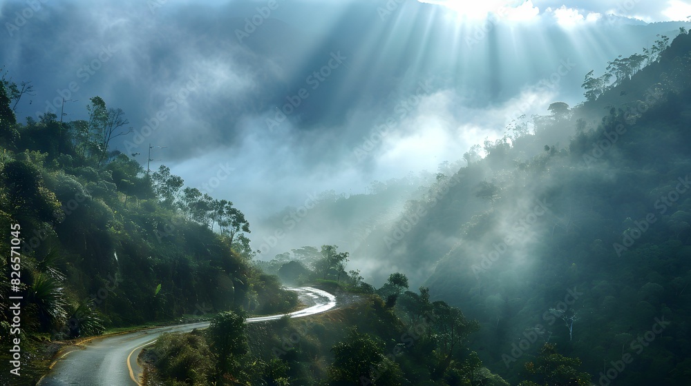 A winding road through a misty forest with sunlight streaming through the trees, creating a serene and ethereal atmosphere. A winding road through a misty forest with sunlight streaming through the trees, creating a serene and ethereal atmosphere.