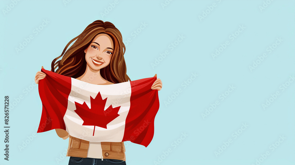 Fototapeta premium Happy smiling woman holding in her hands Canadian Flag on a blue background. Happy Canada day concept. Copy space.