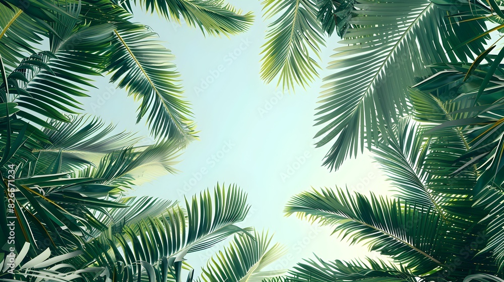 Fototapeta premium Lush green palm leaves framing a clear, blue sky, creating a serene and tropical atmosphere, perfect for a summer day.