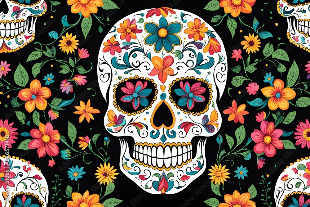 Beautiful colorful sugar skull with flowers on black background. Generative AI Beautiful colorful sugar skull with flowers on black background. Generative AI