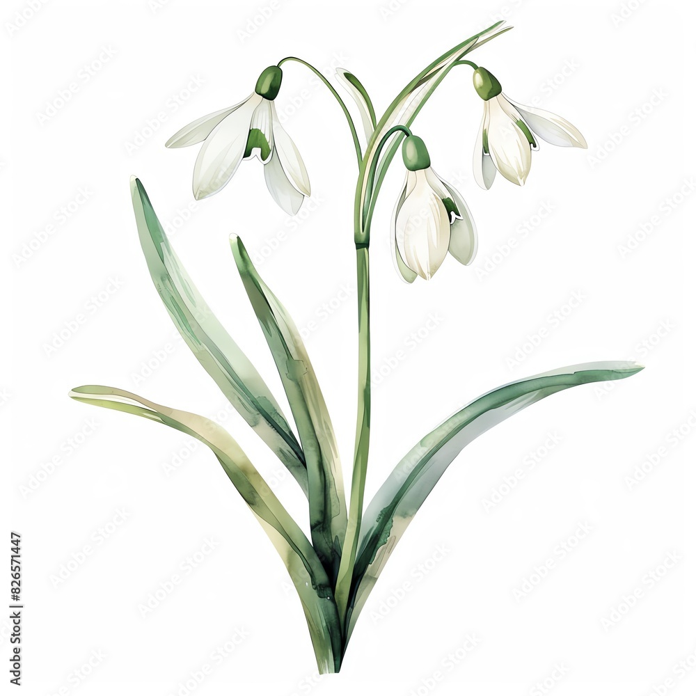 A botanical illustration of a snowdrop, with detailed petals andRui . The stem is green and the leaves are a light green. The background is white. A botanical illustration of a snowdrop, with detailed petals andRui . The stem is green and the leaves are a light green. The background is white.