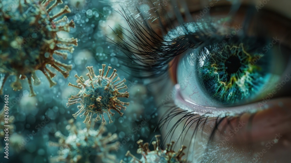 A close-up of a blue eye with a blurred background of abstract virus shapes. A close-up of a blue eye with a blurred background of abstract virus shapes.