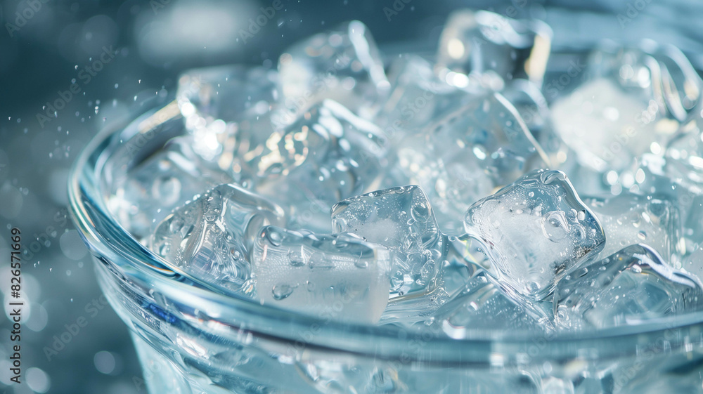 A close-up shot of a transparent glass ice bucket overflowing with ice cubes. Ai generated A close-up shot of a transparent glass ice bucket overflowing with ice cubes. Ai generated