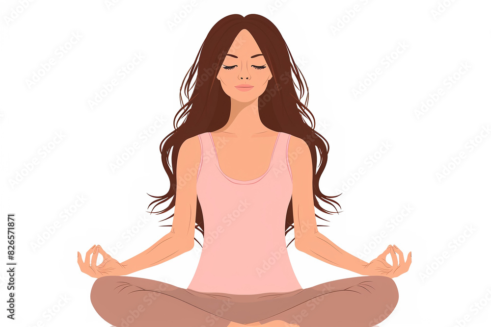 A beautiful woman sits in the lotus position and practices meditation on a white background. Mental health concept. International Yoga Day. A beautiful woman sits in the lotus position and practices meditation on a white background. Mental health concept. International Yoga Day.