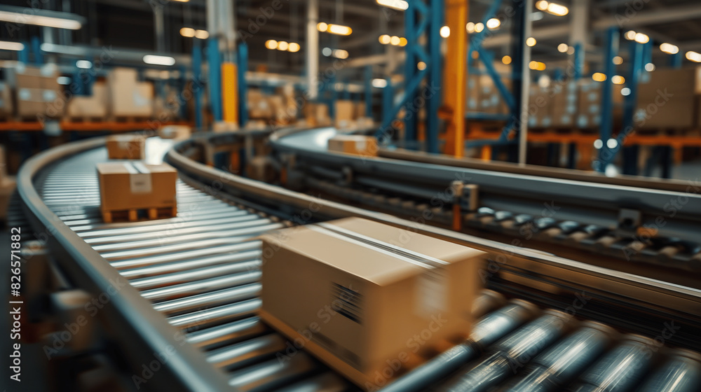 cardboard boxes moving along a conveyor belt in a busy warehouse center, efficiency of logistics and distribution processes.