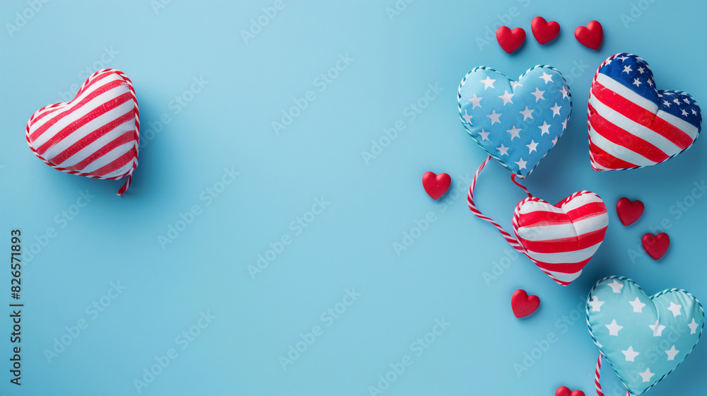Obraz premium hearts adorned with the american flag, set against a pastel blue backdrop with a blank space for text or advertising with copy space 4th of july independence day concept celebration