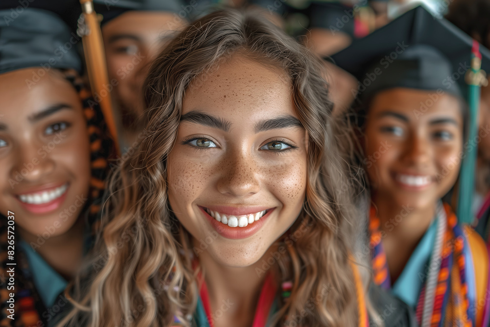 Obraz premium Multiracial graduates smiling closely