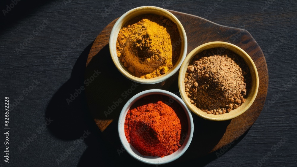 Commercial photo. Three bowls filled with spices, each containing turmeric powder, cumin and paprika.
Commercial photo. Three bowls filled with spices, each containing turmeric powder, cumin and paprika.