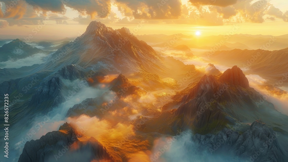 Naklejka premium A majestic mountain range bathed in the golden glow of a setting sun. Clouds swirl around the peaks, creating a dramatic and ethereal scene.