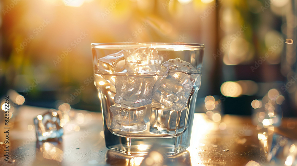 A transparent glass ice bucket filled with ice cubes, sunlight reflecting off the ice. Ai generated A transparent glass ice bucket filled with ice cubes, sunlight reflecting off the ice. Ai generated