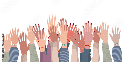Group raised human arms and hands. Diversity multiethnic people. Racial equality. Men and women of different culture and nations. Coexistence harmony. Multicultural community integration