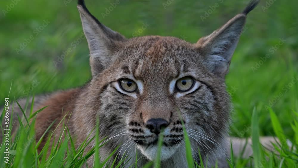Close-up of hunting Eurasian lynx (Lynx lynx) spotting prey in grassland / meadow and getting up Close-up of hunting Eurasian lynx (Lynx lynx) spotting prey in grassland / meadow and getting up