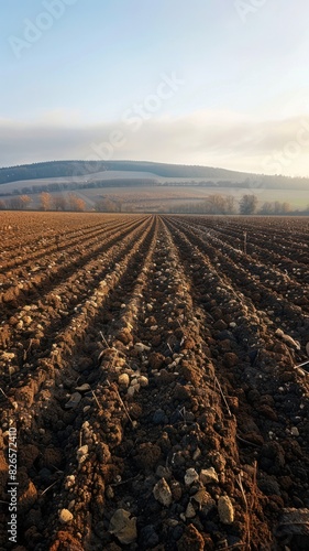 A plowed field stretches towards distant hills, ready for planting. The soft light of dawn bathes the landscape in a warm glow.