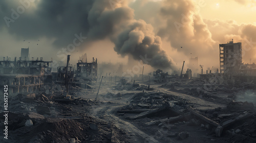 a city with clouds of smoke from destroyed buildings and debris scattered on the ground, the chaos of an armed conflict.