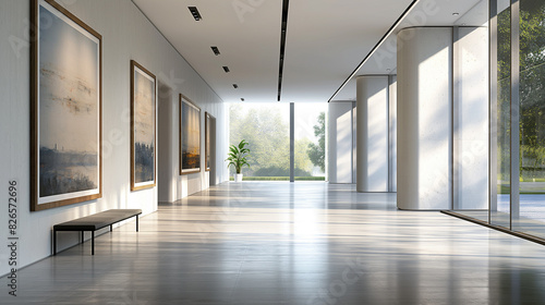 Spacious gallery style hallway with smooth marble floors, high ceilings and plenty of sculptures and paintings photo