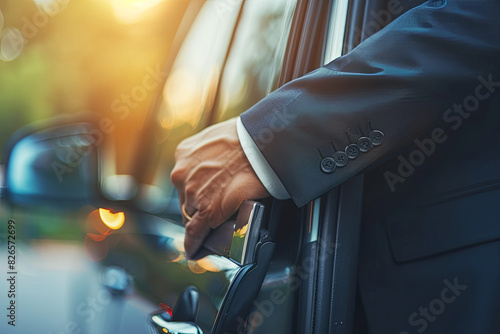 Businessman's hands and chauffeur by a car door, representing travel photo