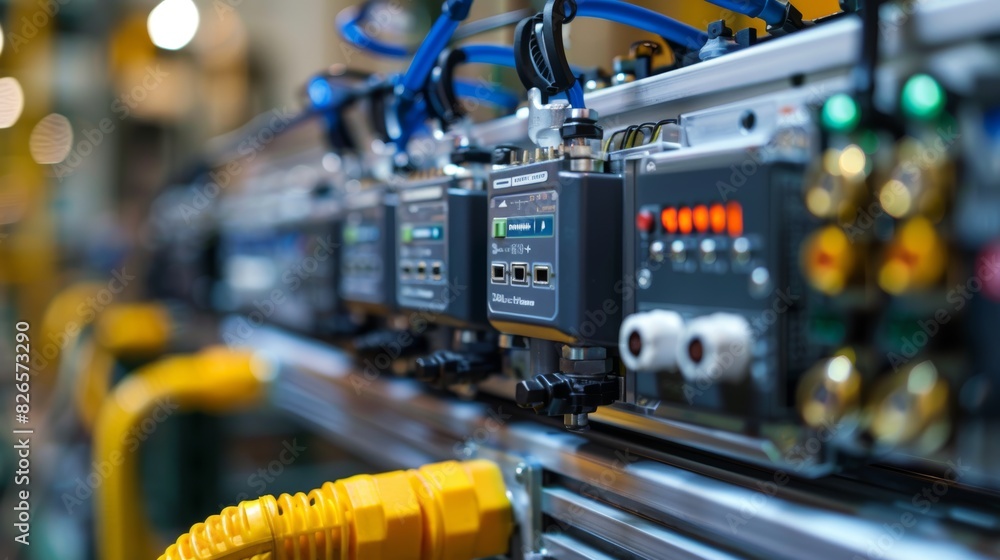 Programmable logic controller (PLC) in an automation system with detailed wiring and control panels in a modern industrial setting. Generative Ai. Programmable logic controller (PLC) in an automation system with detailed wiring and control panels in a modern industrial setting. Generative Ai.