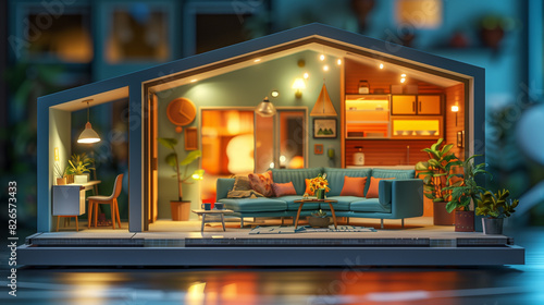 A vibrant scene with the interior layout of a 3D house model, demonstrating the arrangement of furniture, lighting, and decorative elements, creating a cozy atmosphere and illustrating spatial plannin © Katrin_Primak